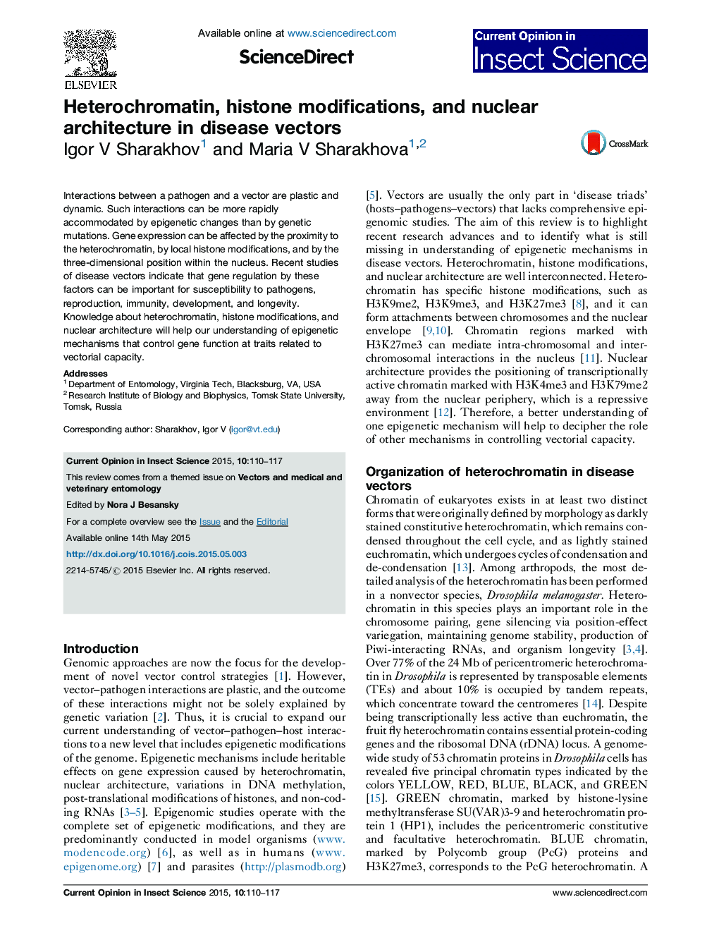 Heterochromatin, histone modifications, and nuclear architecture in disease vectors