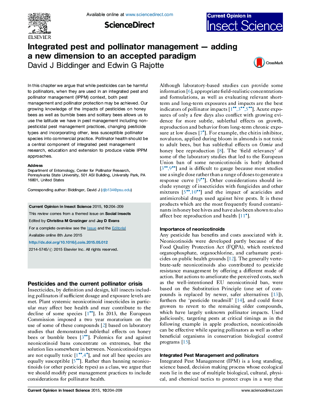 Integrated pest and pollinator managementÂ -Â adding a new dimension to an accepted paradigm