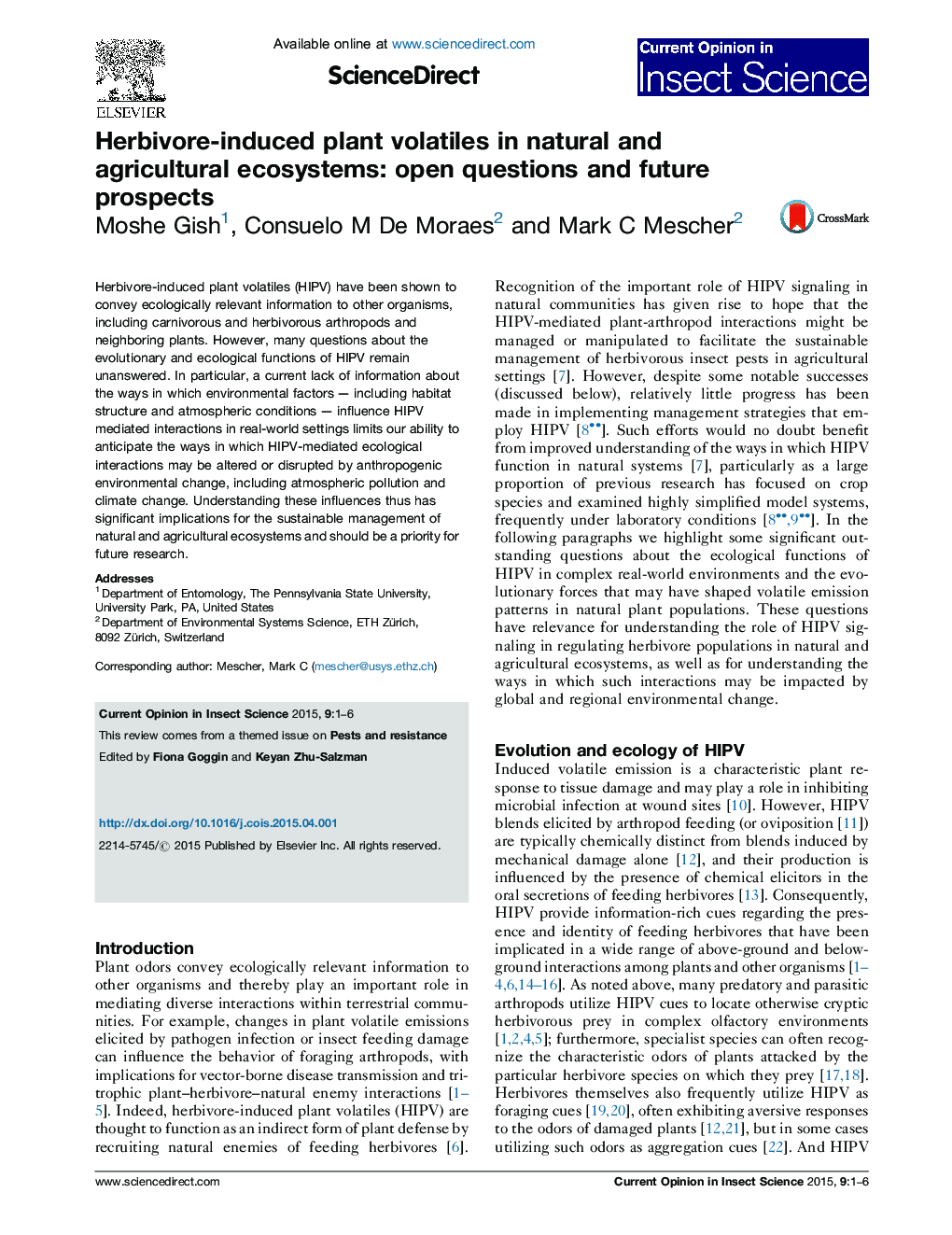 Herbivore-induced plant volatiles in natural and agricultural ecosystems: open questions and future prospects