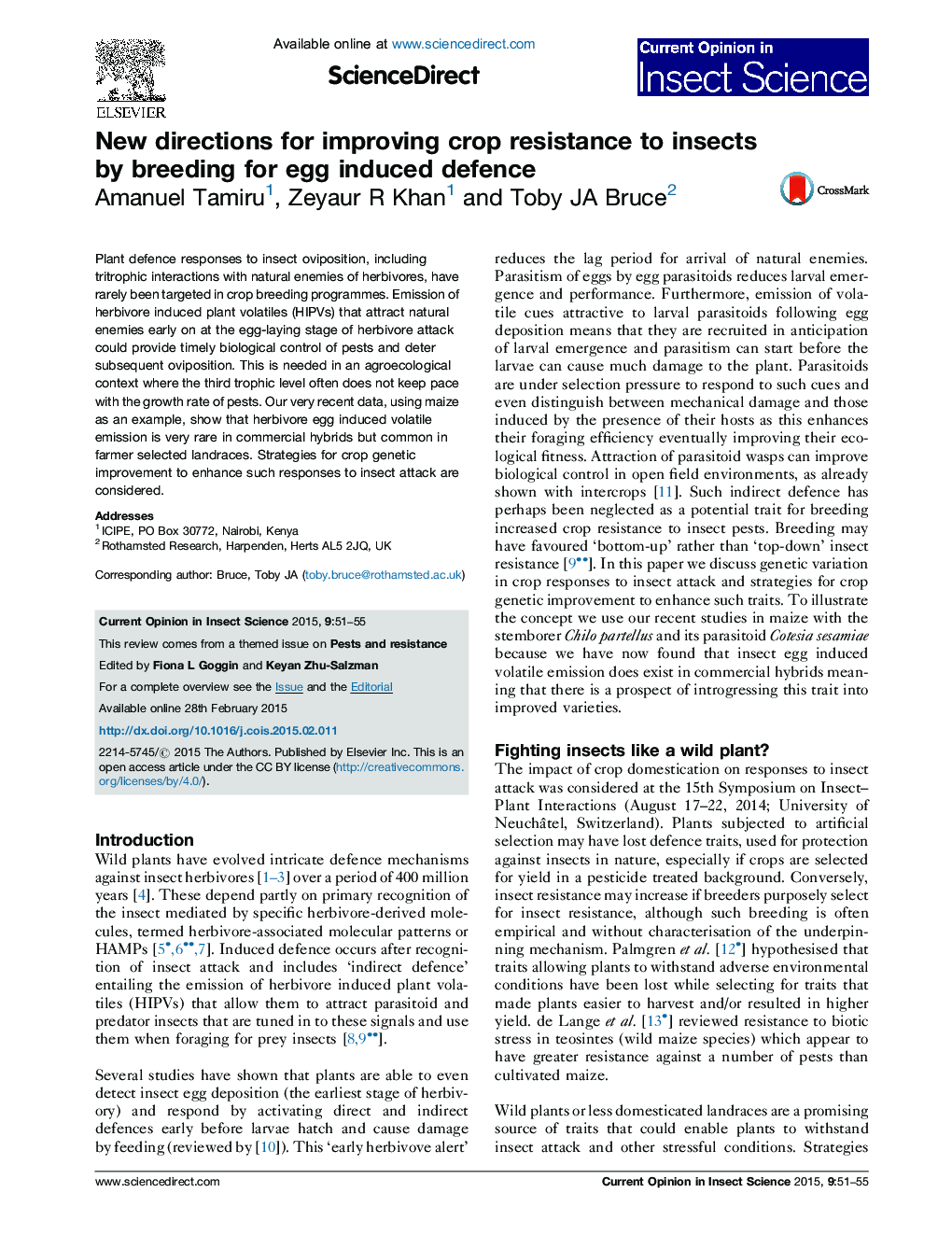 New directions for improving crop resistance to insects by breeding for egg induced defence