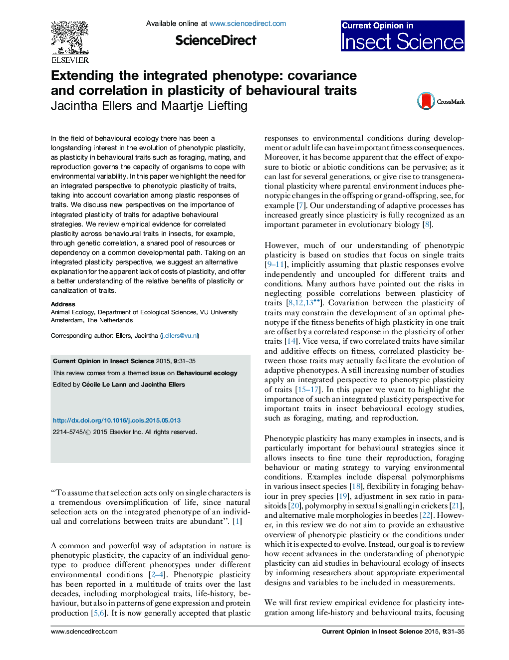 Extending the integrated phenotype: covariance and correlation in plasticity of behavioural traits