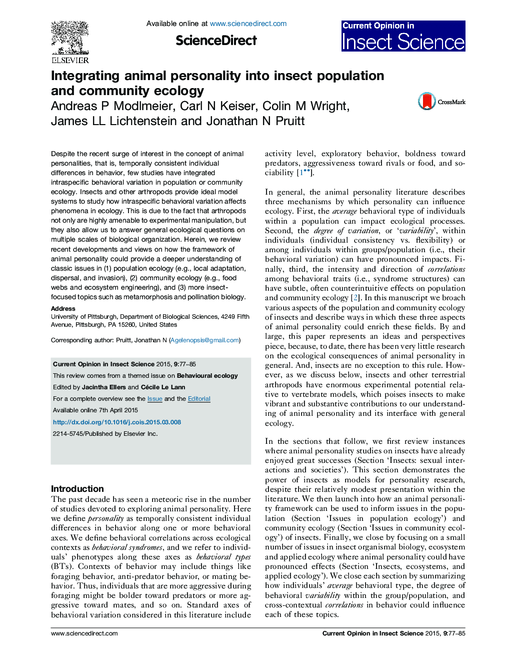 Integrating animal personality into insect population and community ecology