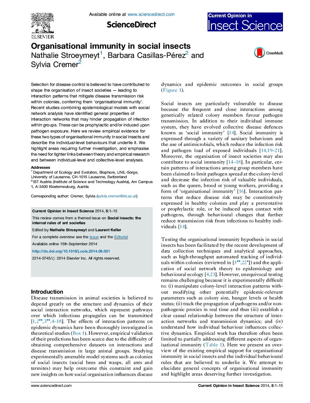 Organisational immunity in social insects