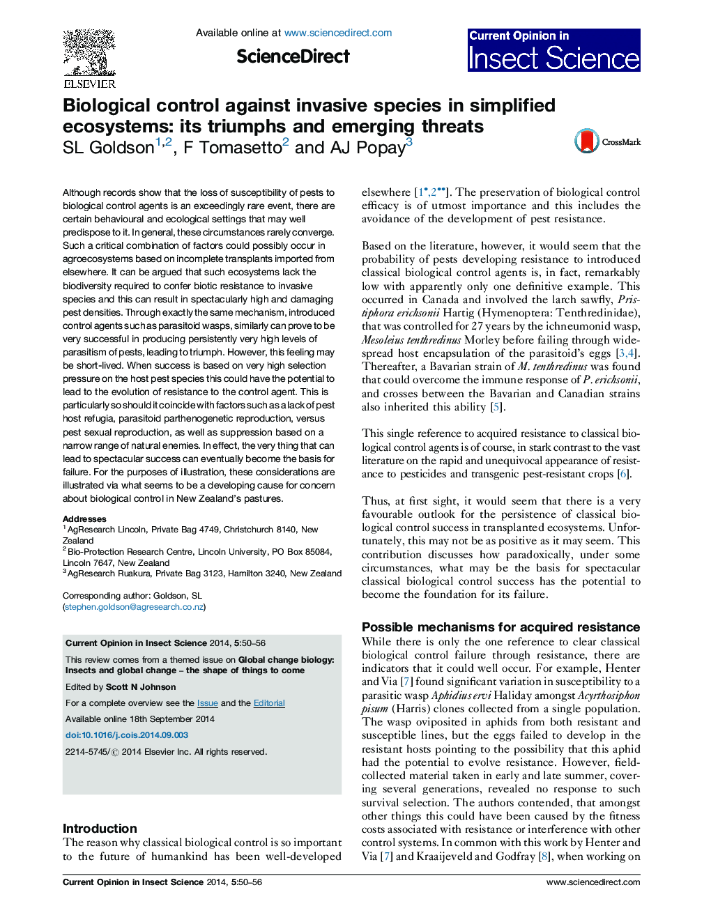 Biological control against invasive species in simplified ecosystems: its triumphs and emerging threats