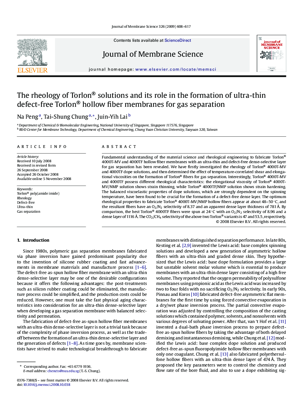 The rheology of Torlon® solutions and its role in the formation of ultra-thin defect-free Torlon® hollow fiber membranes for gas separation
