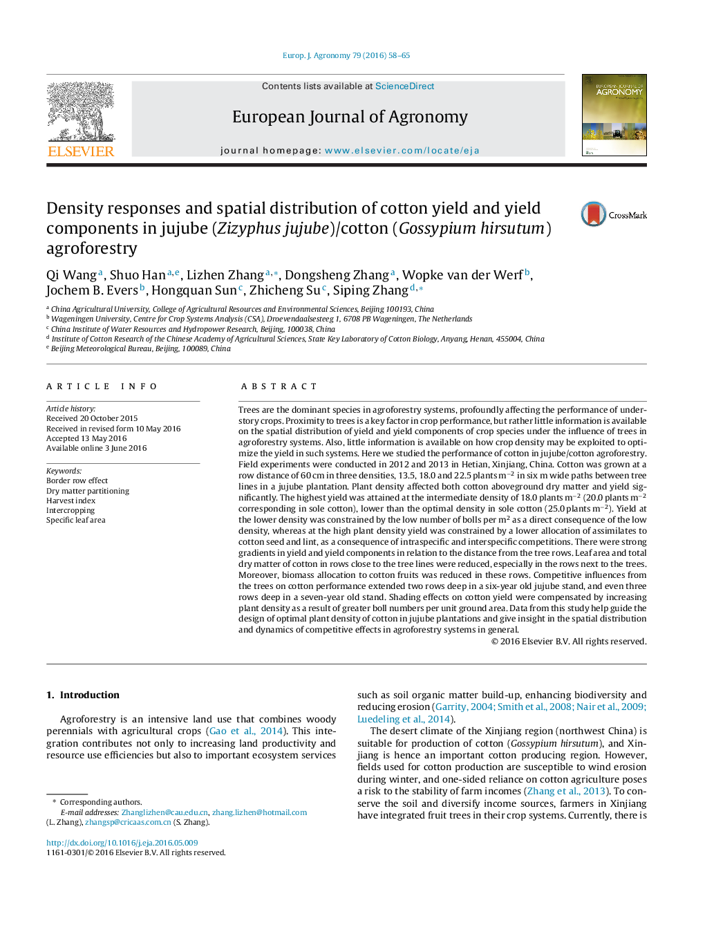 Density responses and spatial distribution of cotton yield and yield components in jujube (Zizyphus jujube)/cotton (Gossypium hirsutum) agroforestry