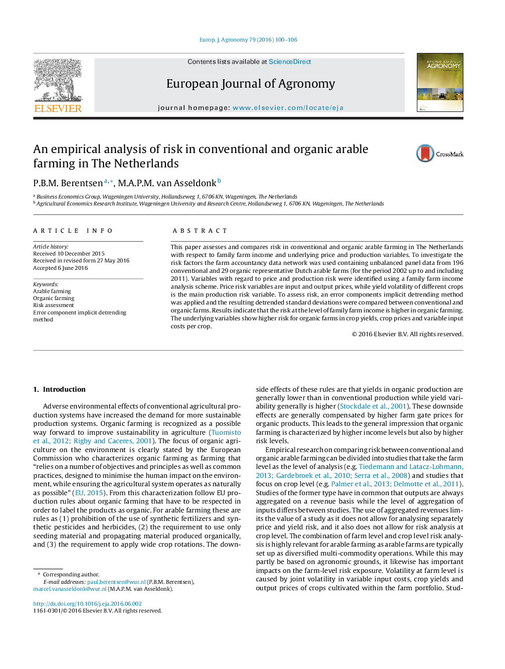 An empirical analysis of risk in conventional and organic arable farming in The Netherlands