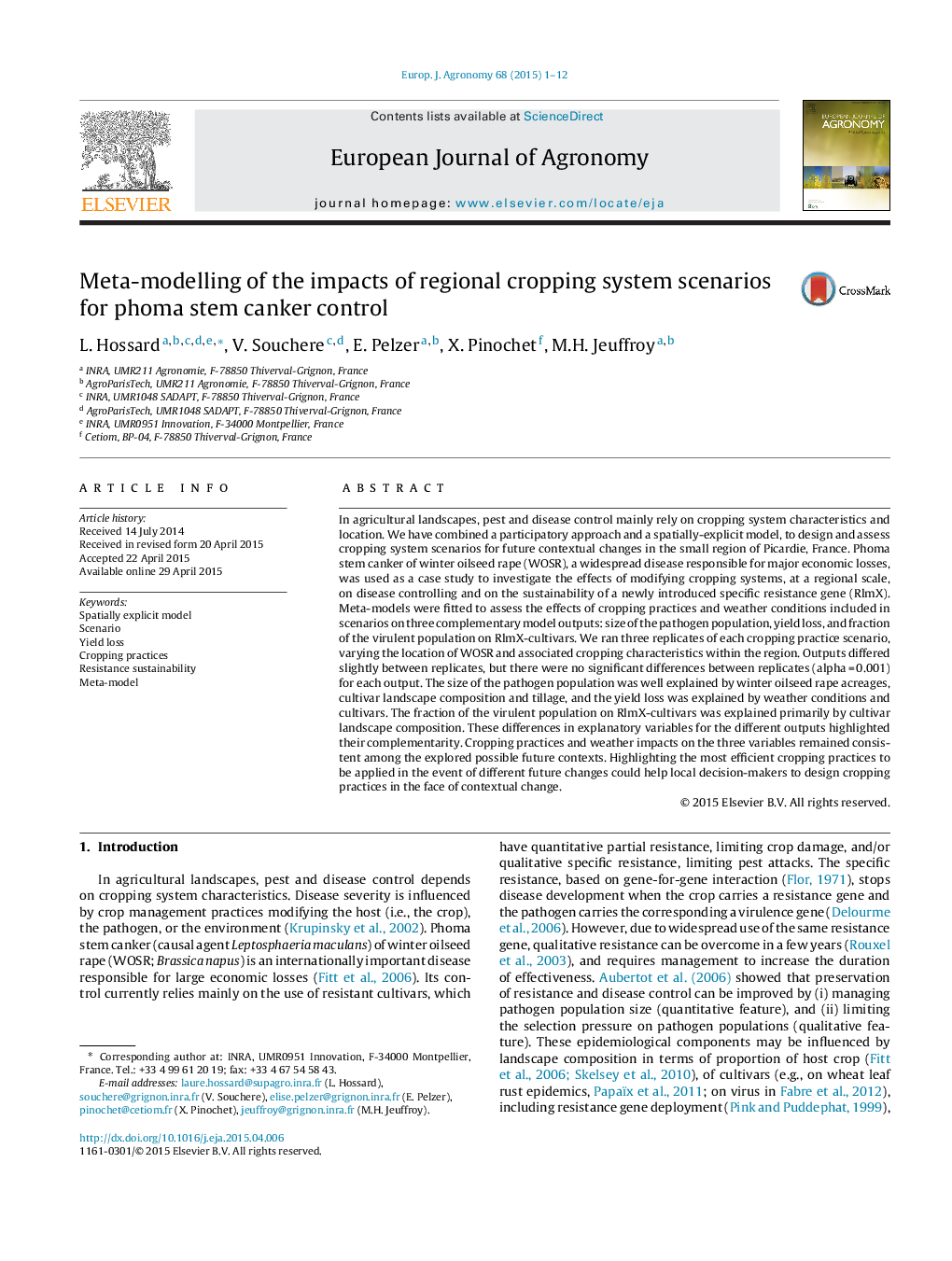 Meta-modelling of the impacts of regional cropping system scenarios for phoma stem canker control