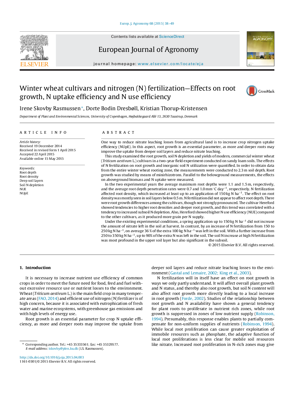 عکس صفحه اول مقاله: Winter wheat cultivars and nitrogen (N) fertilization-Effects on root growth, N uptake efficiency and N use efficiency Winter wheat cultivars and nitrogen (N) fertilization-Effects on root growth, N uptake efficiency and N use efficiency