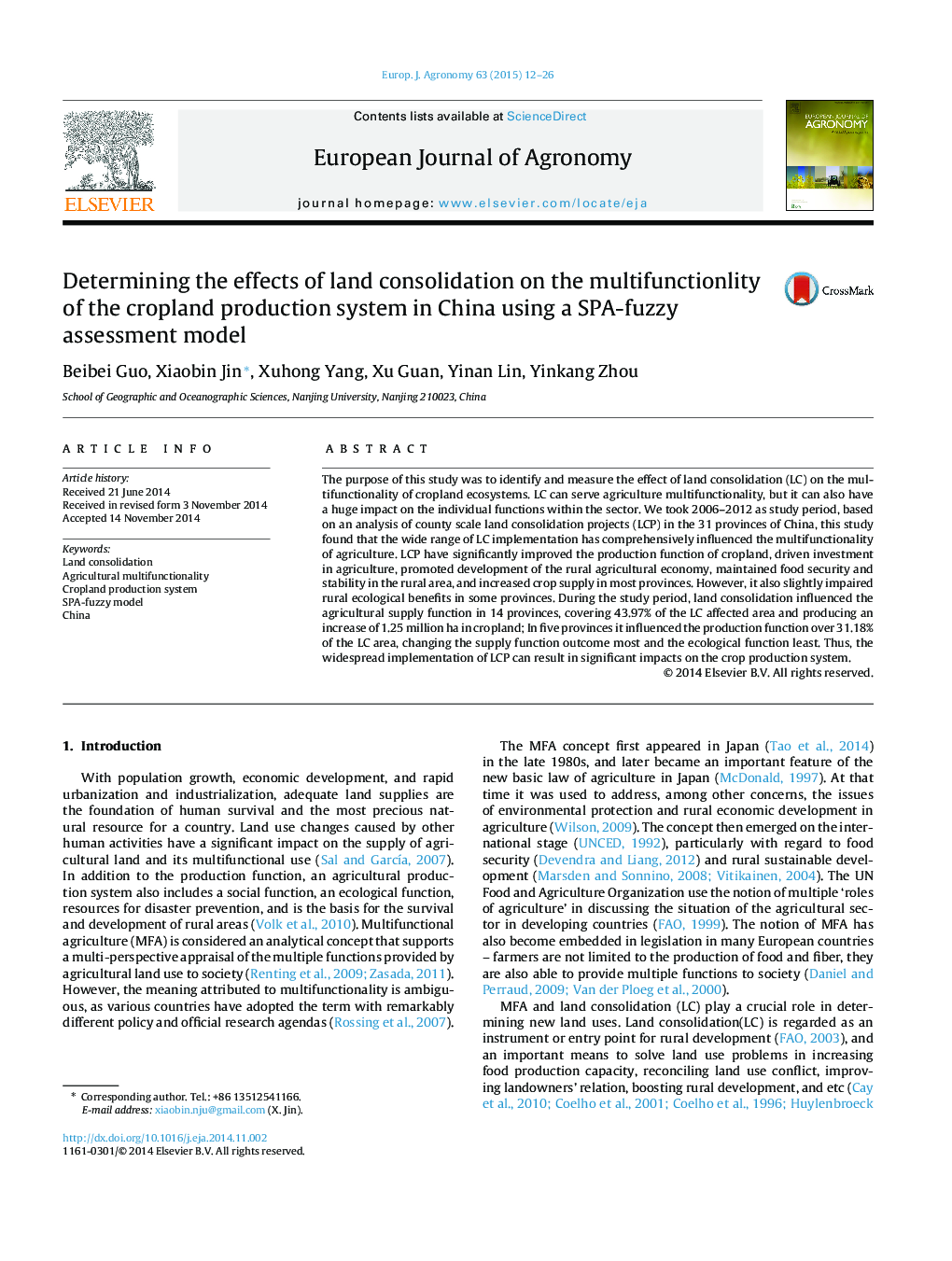 Determining the effects of land consolidation on the multifunctionlity of the cropland production system in China using a SPA-fuzzy assessment model
