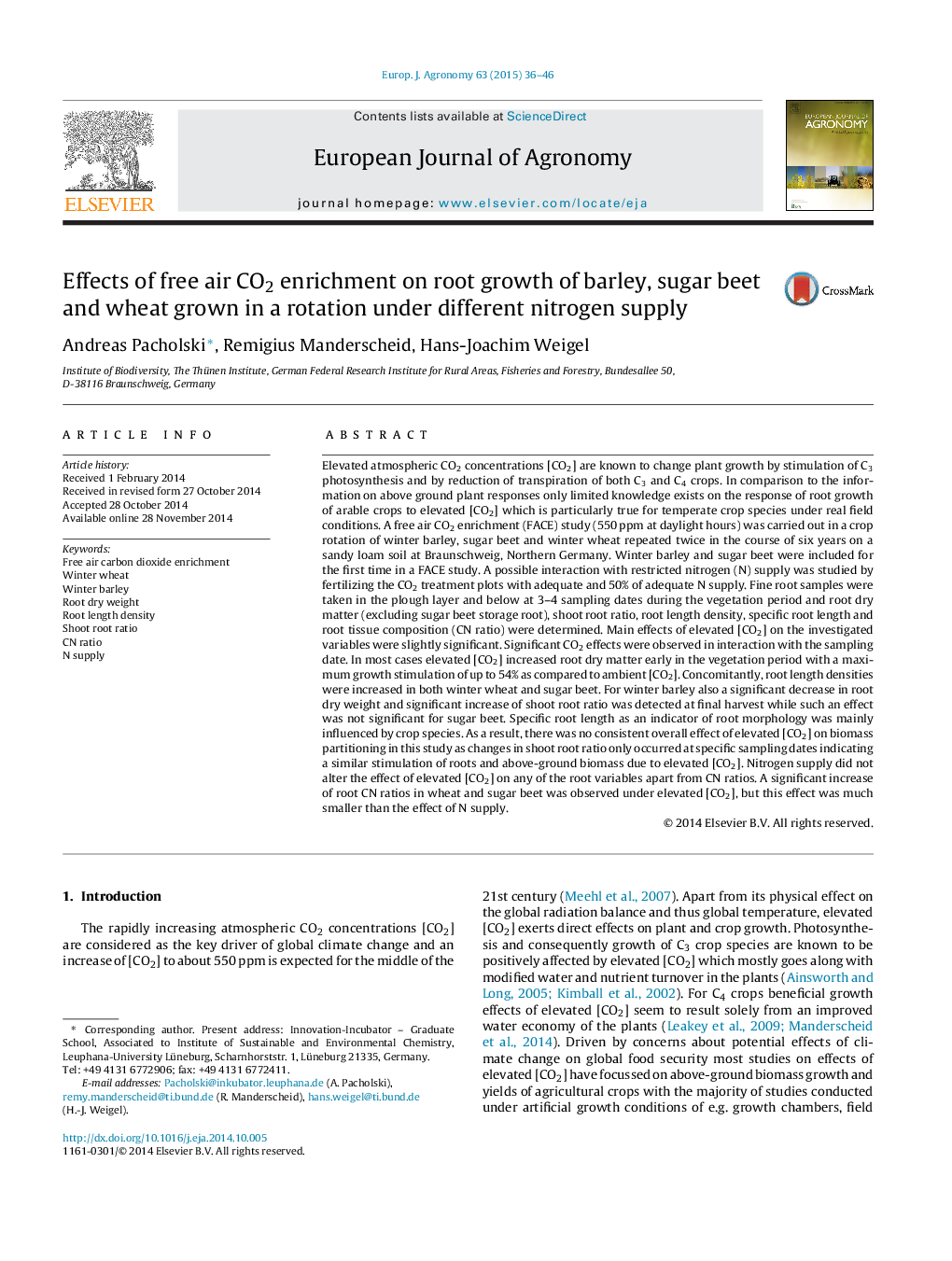 Effects of free air CO2 enrichment on root growth of barley, sugar beet and wheat grown in a rotation under different nitrogen supply