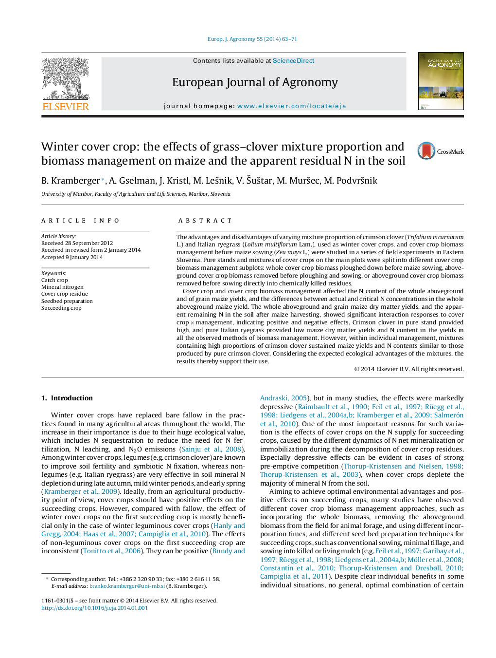 Winter cover crop: the effects of grass-clover mixture proportion and biomass management on maize and the apparent residual N in the soil