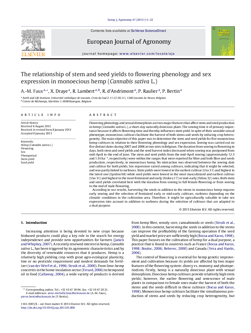 The relationship of stem and seed yields to flowering phenology and sex expression in monoecious hemp (Cannabis sativa L.)