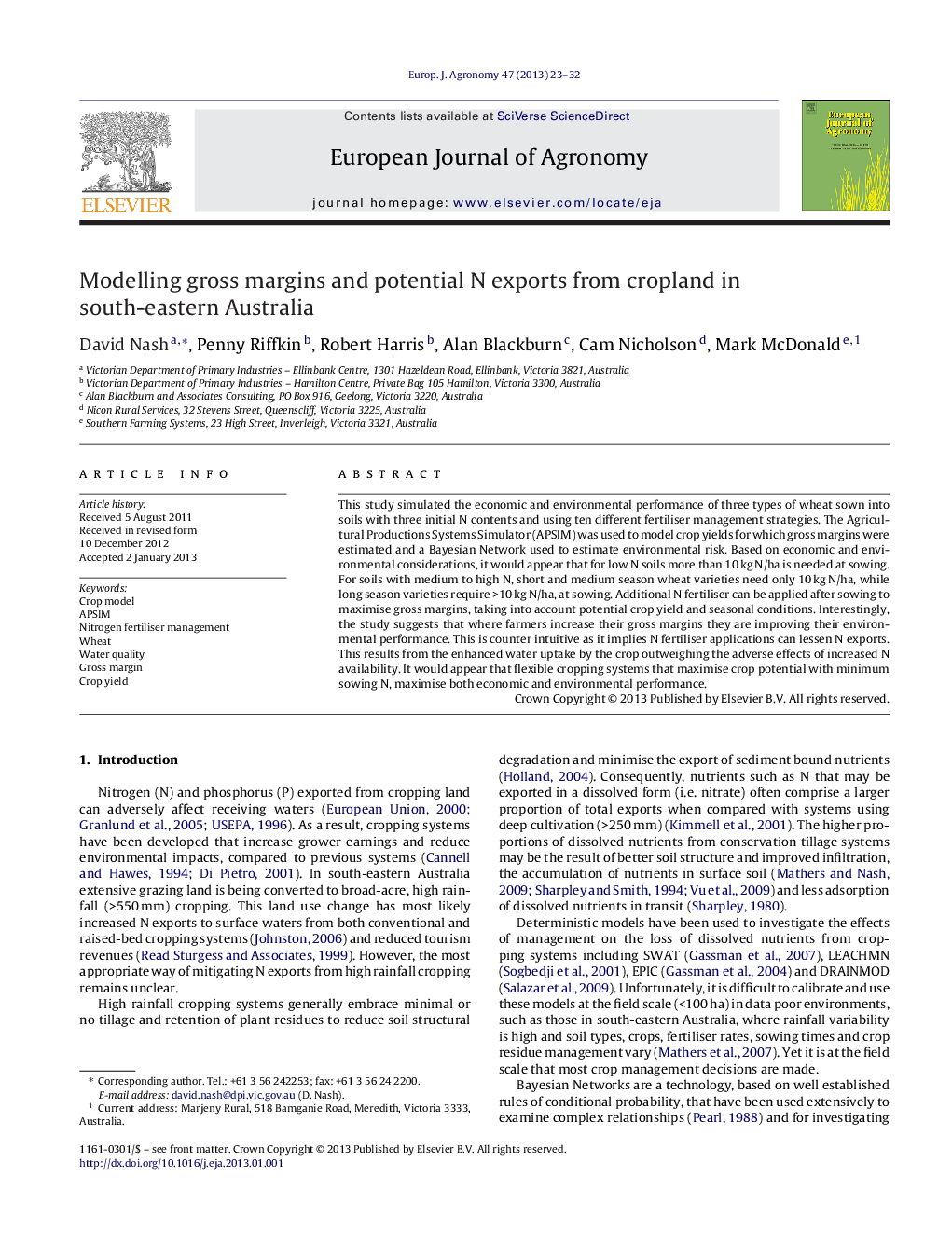 Modelling gross margins and potential N exports from cropland in south-eastern Australia