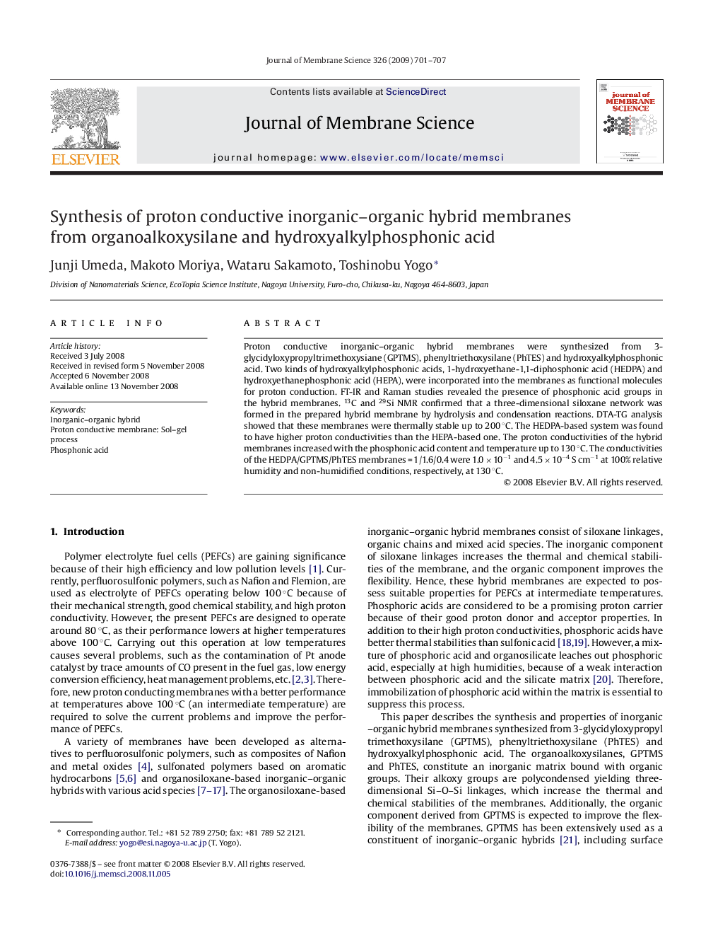 Synthesis of proton conductive inorganic–organic hybrid membranes from organoalkoxysilane and hydroxyalkylphosphonic acid