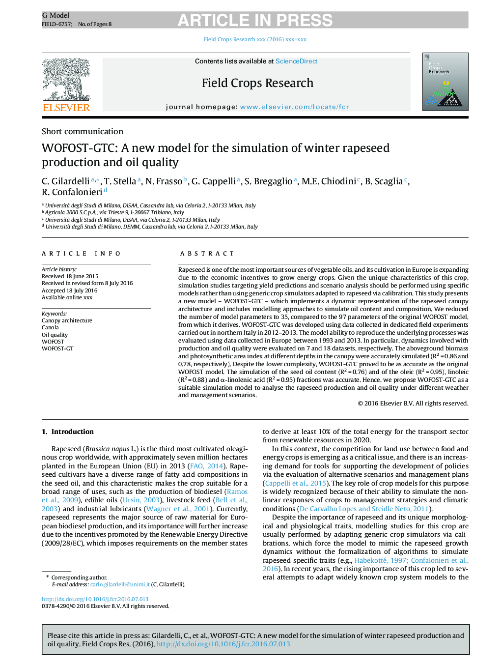 WOFOST-GTC: A new model for the simulation of winter rapeseed production and oil quality