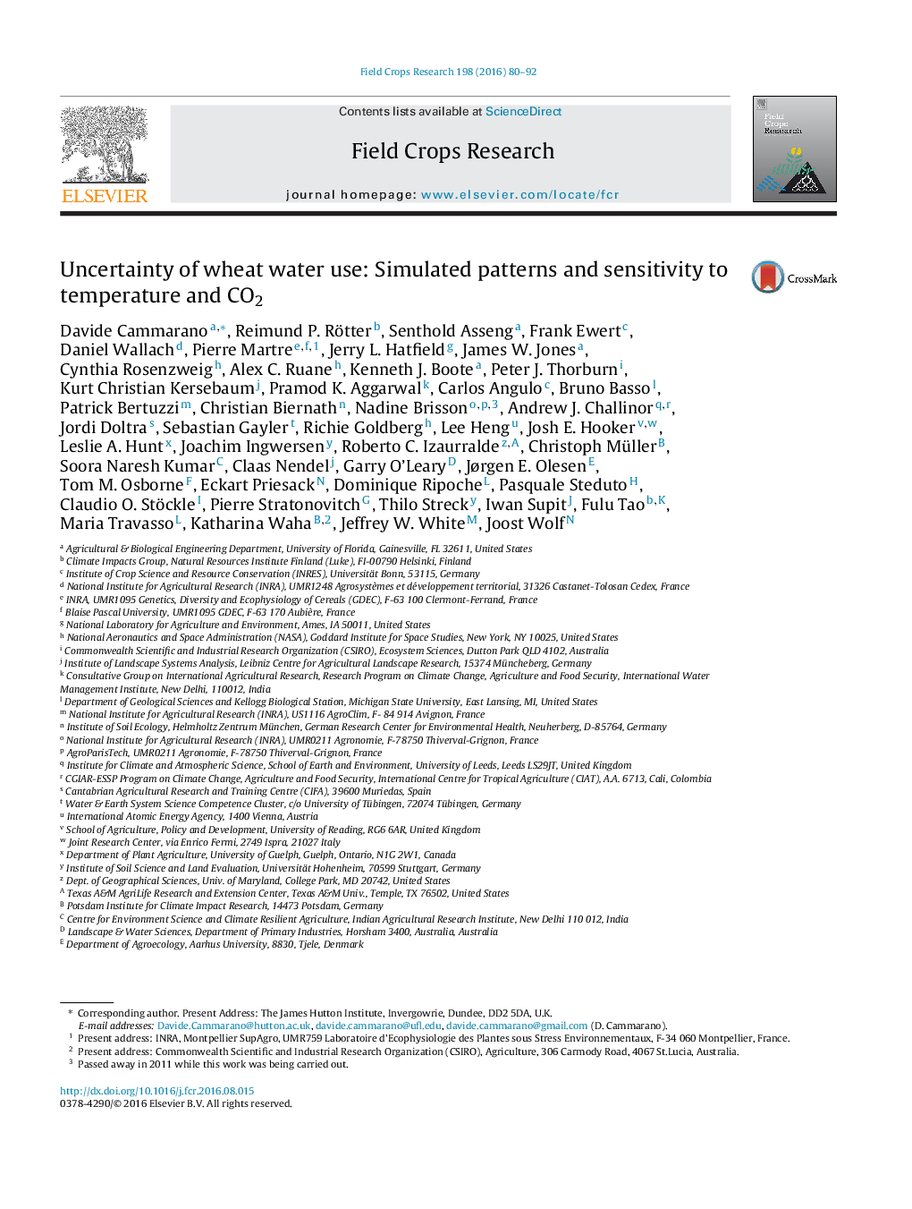 Uncertainty of wheat water use: Simulated patterns and sensitivity to temperature and CO2