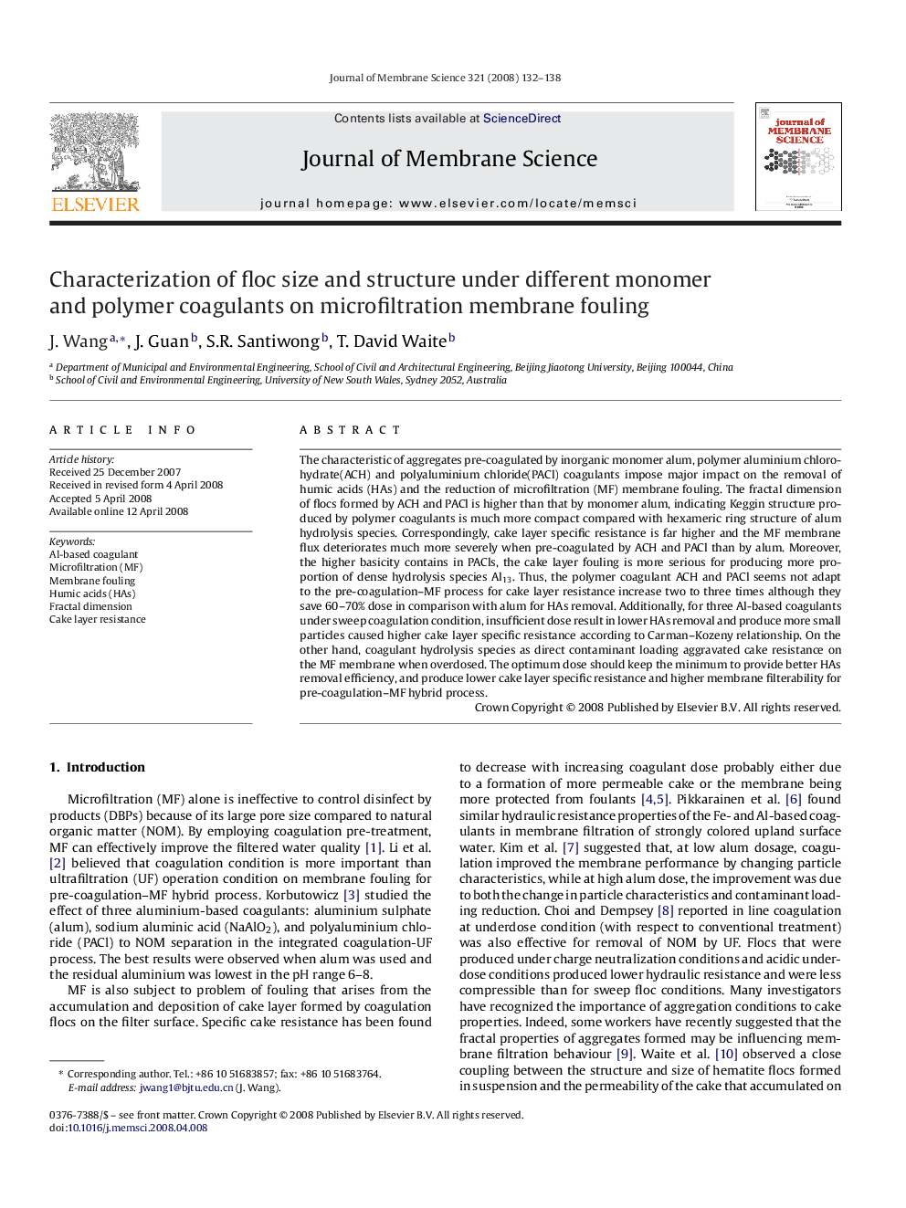 عکس صفحه اول مقاله: Characterization of floc size and structure under different monomer and polymer coagulants on microfiltration membrane fouling Characterization of floc size and structure under different monomer and polymer coagulants on microfiltration membrane fouling