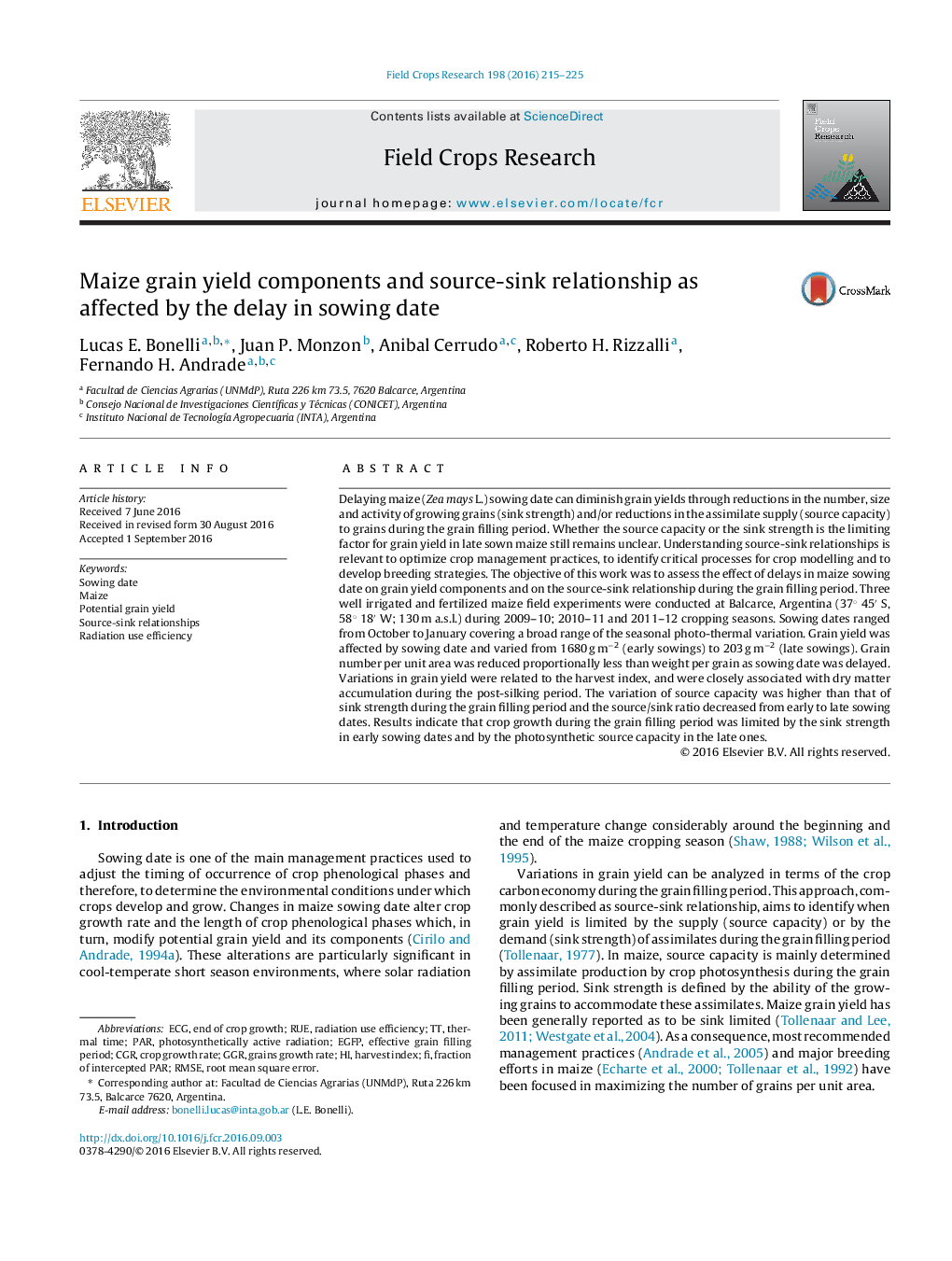 Maize grain yield components and source-sink relationship as affected by the delay in sowing date