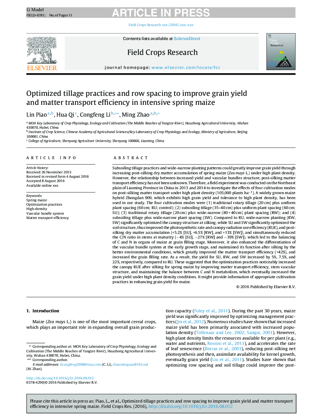 Optimized tillage practices and row spacing to improve grain yield and matter transport efficiency in intensive spring maize