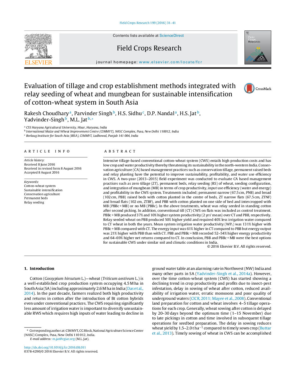 Evaluation of tillage and crop establishment methods integrated with relay seeding of wheat and mungbean for sustainable intensification of cotton-wheat system in South Asia