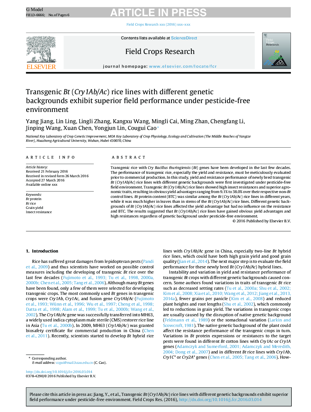 Transgenic Bt (Cry1Ab/Ac) rice lines with different genetic backgrounds exhibit superior field performance under pesticide-free environment