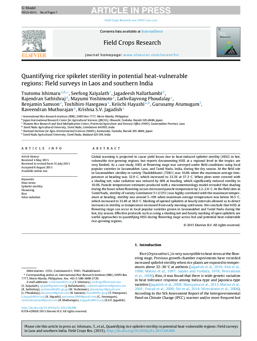 Quantifying rice spikelet sterility in potential heat-vulnerable regions: Field surveys in Laos and southern India