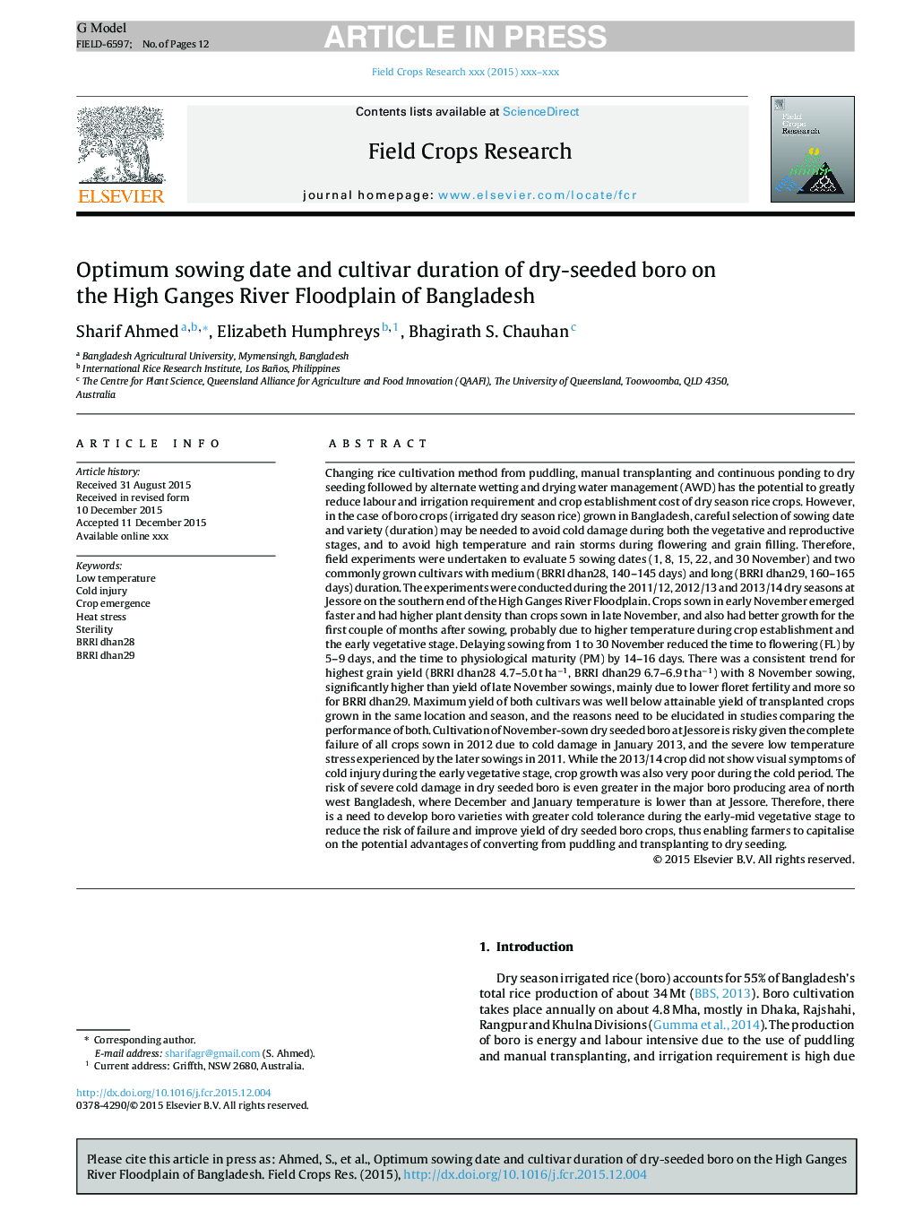 Optimum sowing date and cultivar duration of dry-seeded boro on the High Ganges River Floodplain of Bangladesh