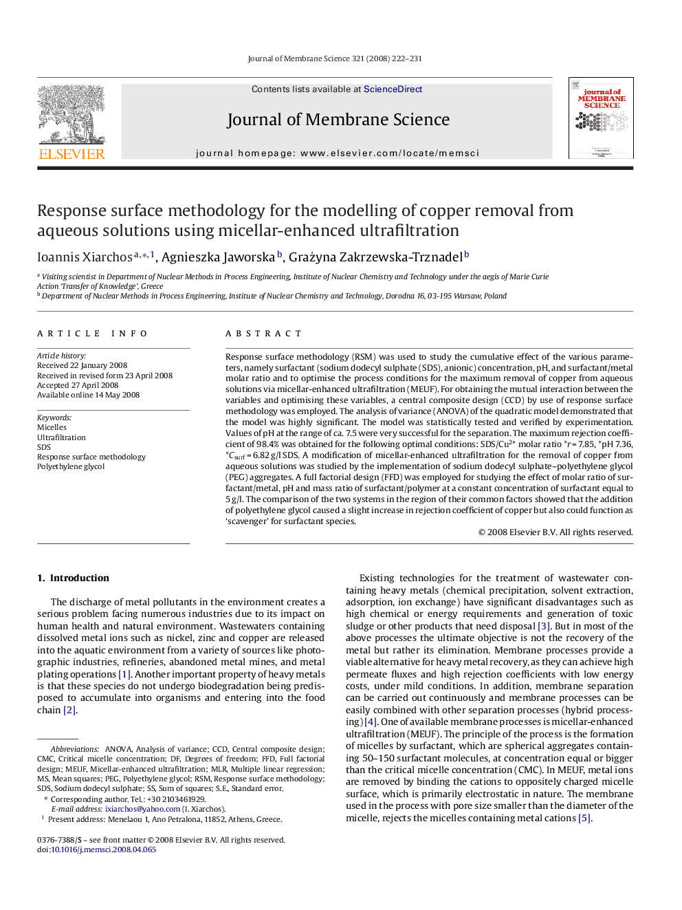 Response surface methodology for the modelling of copper removal from aqueous solutions using micellar-enhanced ultrafiltration