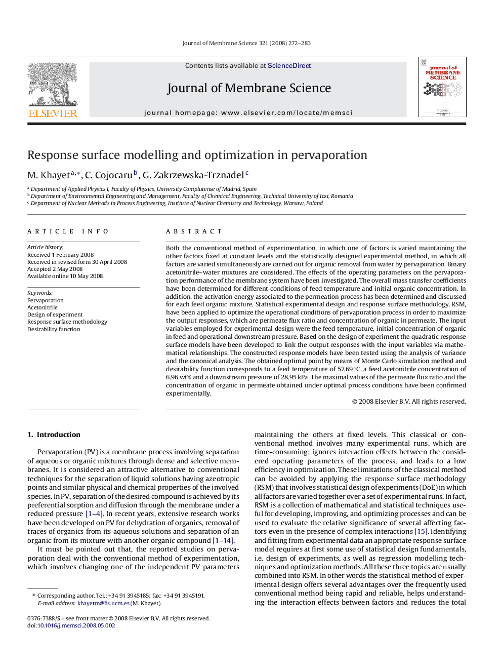 Response surface modelling and optimization in pervaporation