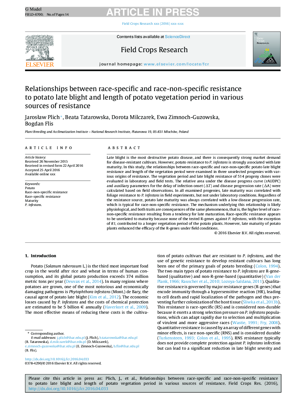 Relationships between race-specific and race-non-specific resistance to potato late blight and length of potato vegetation period in various sources of resistance