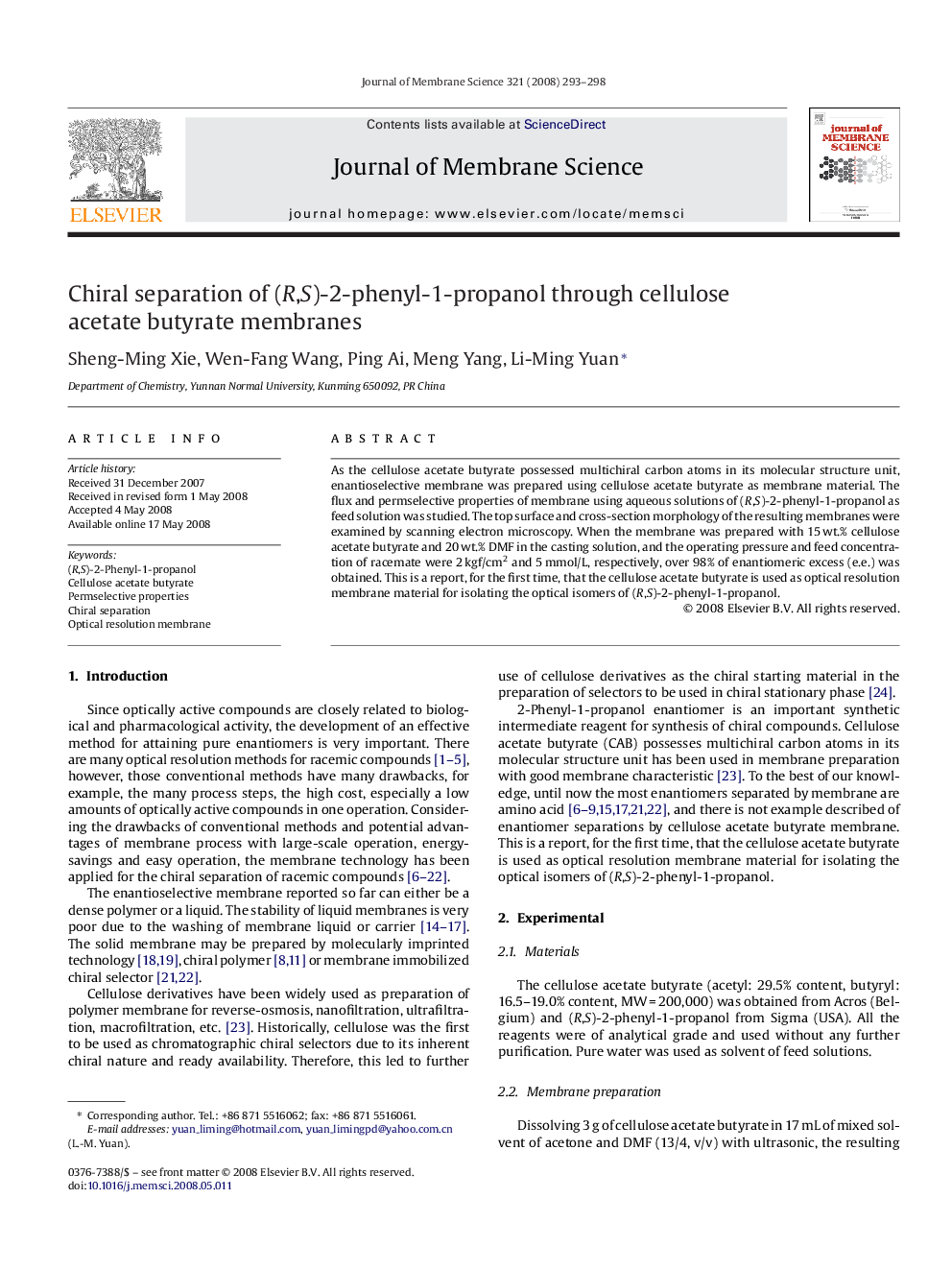 Chiral separation of (R,S)-2-phenyl-1-propanol through cellulose acetate butyrate membranes