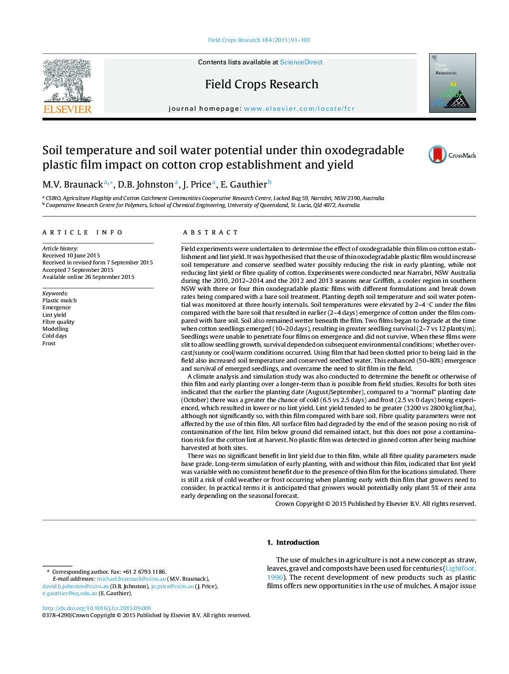 Soil temperature and soil water potential under thin oxodegradable plastic film impact on cotton crop establishment and yield