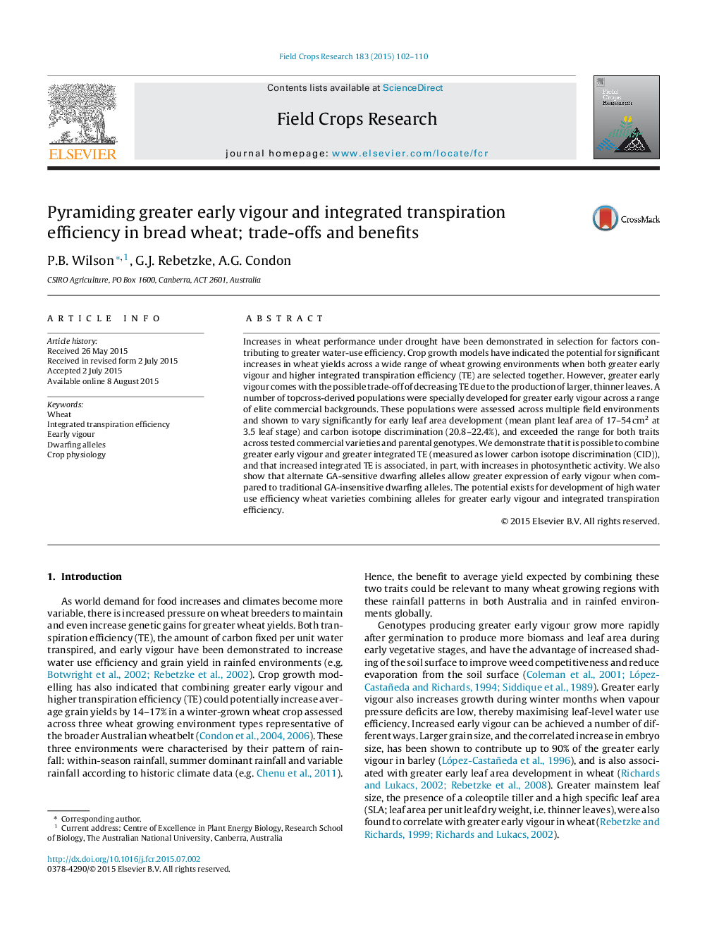 Pyramiding greater early vigour and integrated transpiration efficiency in bread wheat; trade-offs and benefits