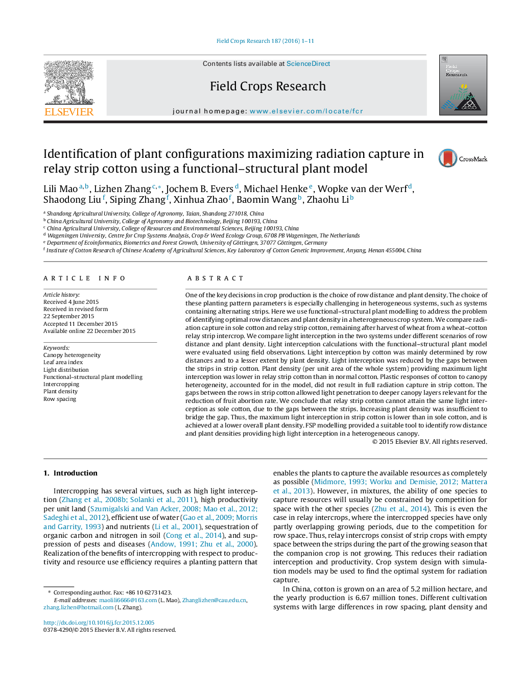 Identification of plant configurations maximizing radiation capture in relay strip cotton using a functional-structural plant model