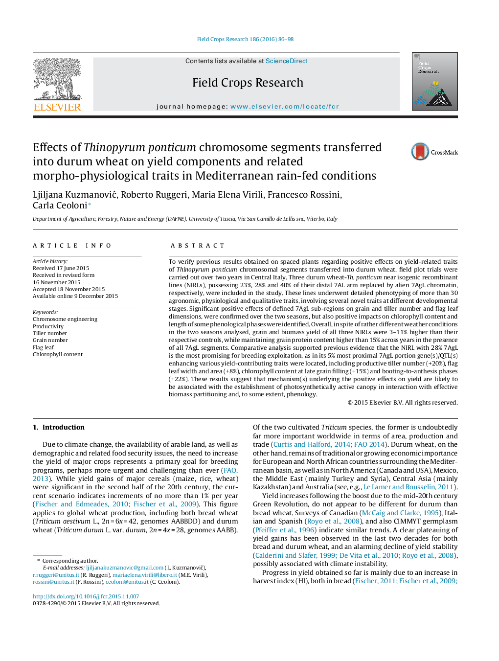 Effects of Thinopyrum ponticum chromosome segments transferred into durum wheat on yield components and related morpho-physiological traits in Mediterranean rain-fed conditions