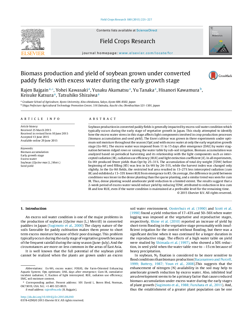 Biomass production and yield of soybean grown under converted paddy fields with excess water during the early growth stage