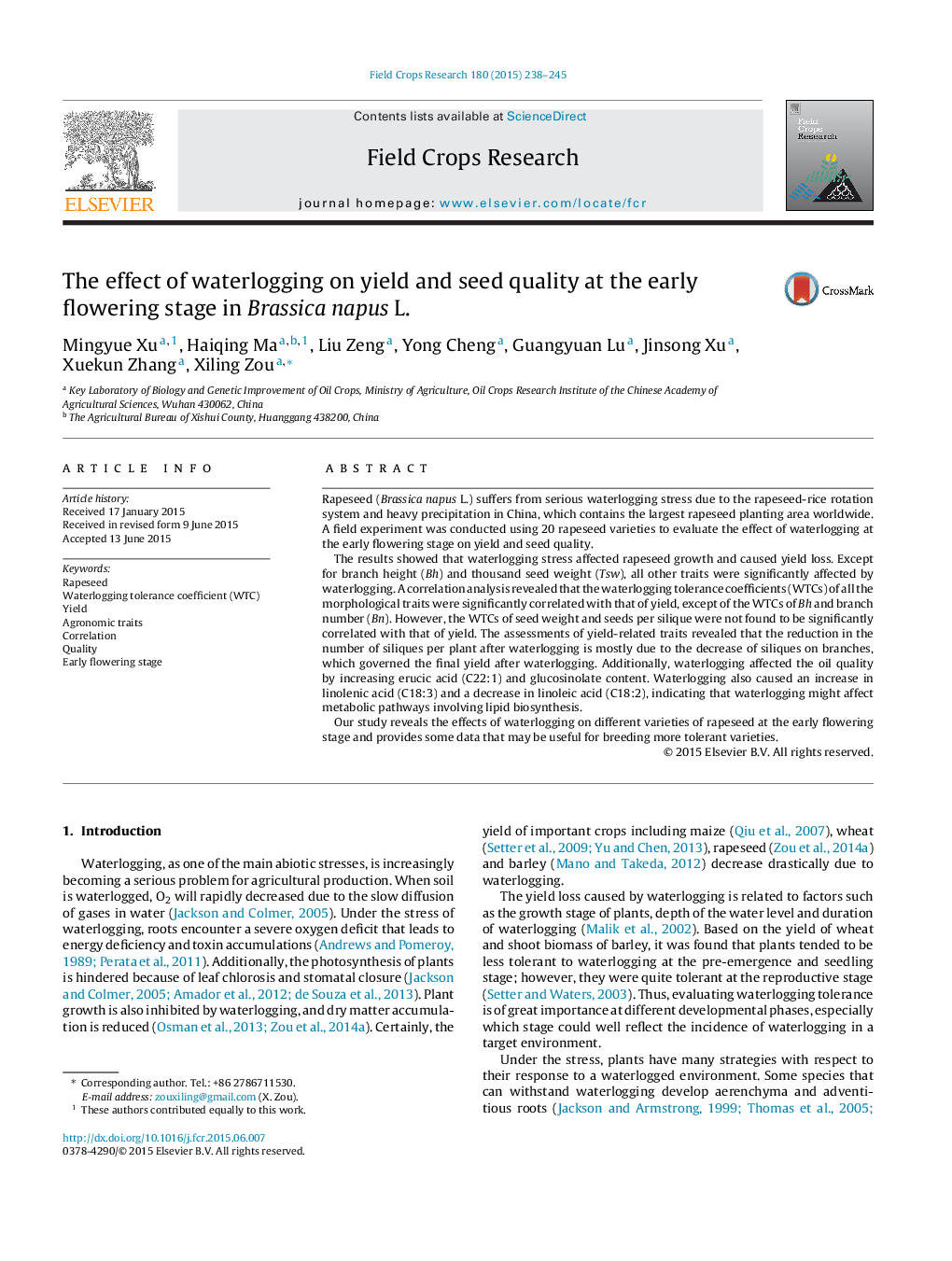 The effect of waterlogging on yield and seed quality at the early flowering stage in Brassica napus L.