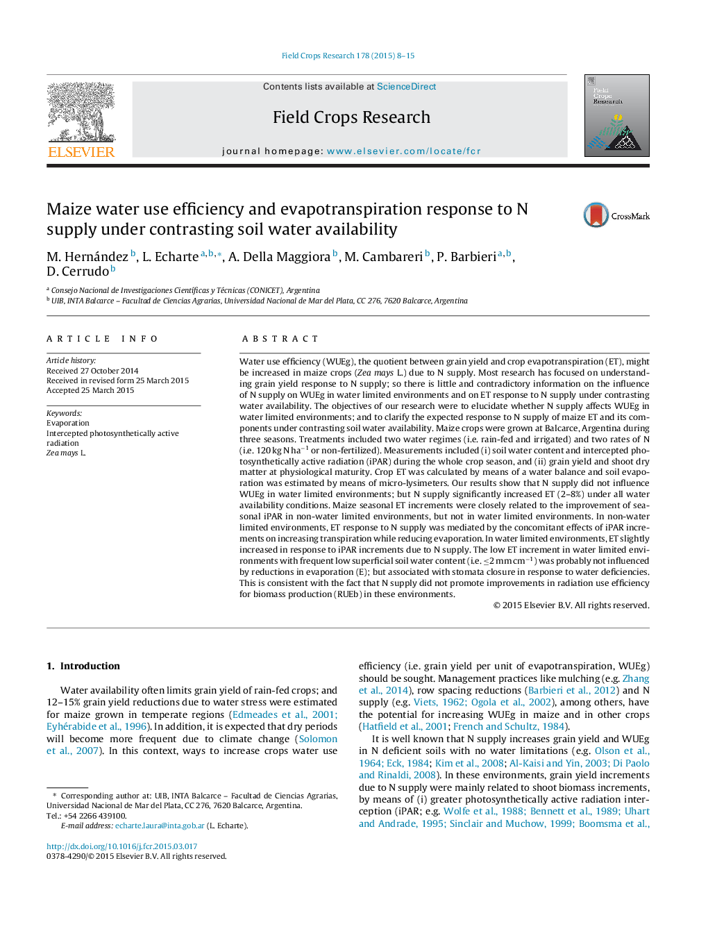 Maize water use efficiency and evapotranspiration response to N supply under contrasting soil water availability