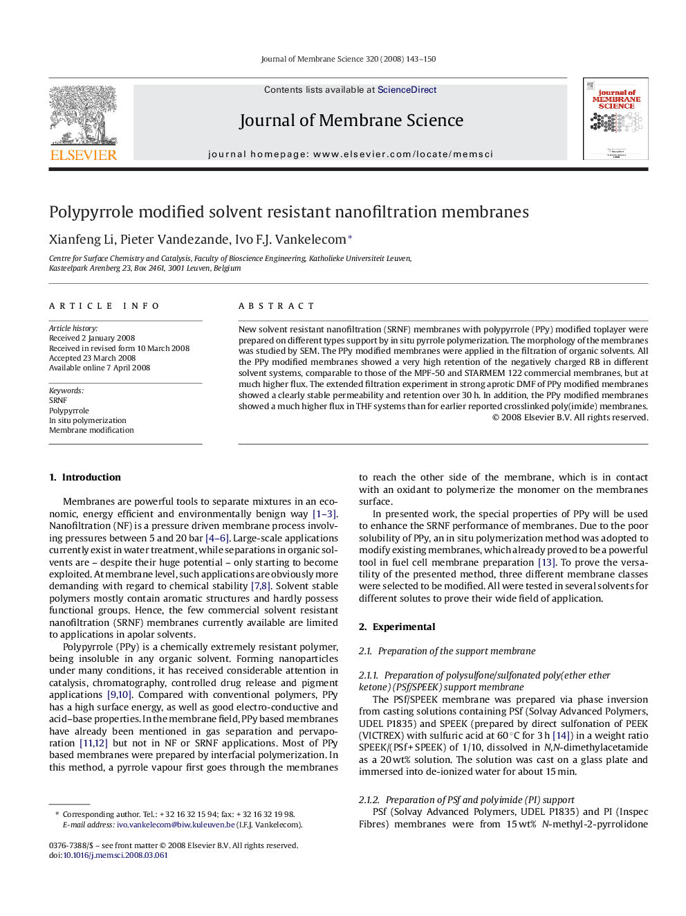 Polypyrrole modified solvent resistant nanofiltration membranes