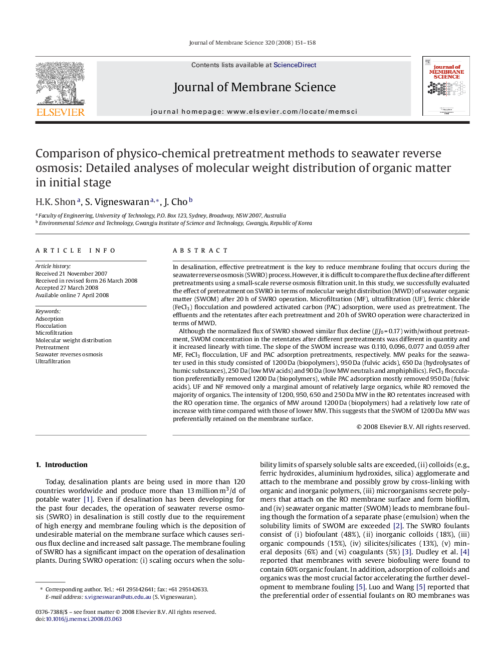 Comparison of physico-chemical pretreatment methods to seawater reverse osmosis: Detailed analyses of molecular weight distribution of organic matter in initial stage