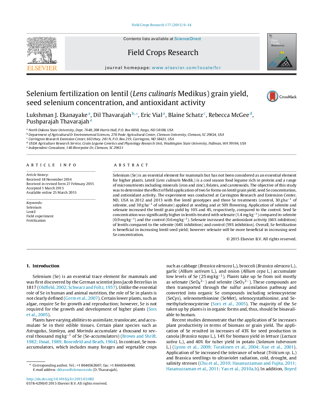 Selenium fertilization on lentil (Lens culinaris Medikus) grain yield, seed selenium concentration, and antioxidant activity