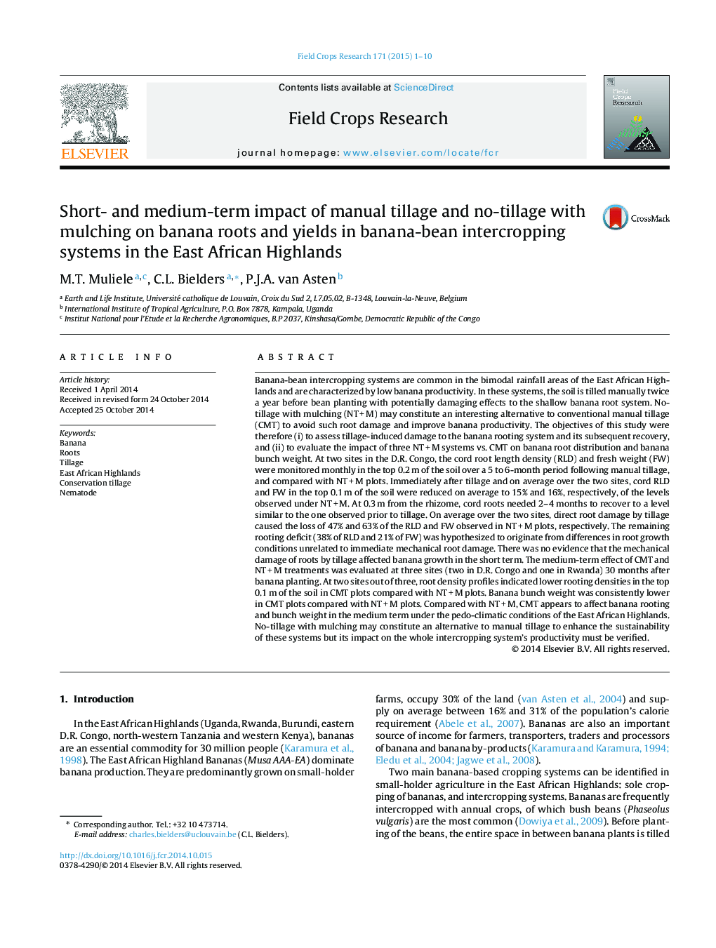 تأثیر کوتاه مدت و بلندمدت بر عملکرد خاکی بدون خاکورزی و مالچ شدن بر ریشه های موز و عملکرد در سیستم های کشت مخلوط موز در مناطق مرتفع آفریقایی 