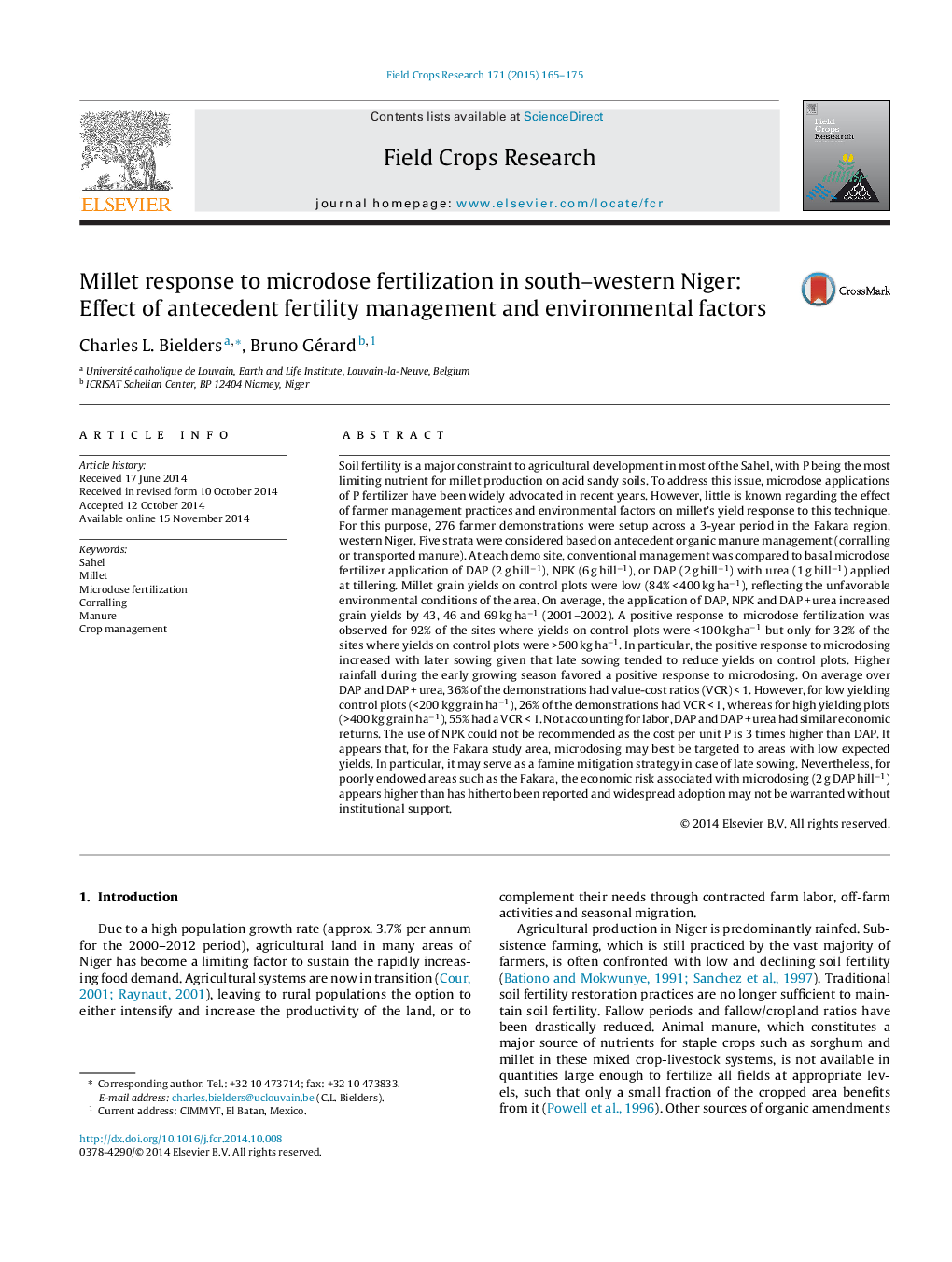 Millet response to microdose fertilization in south-western Niger: Effect of antecedent fertility management and environmental factors