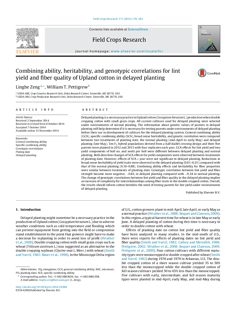 Combining ability, heritability, and genotypic correlations for lint yield and fiber quality of Upland cotton in delayed planting