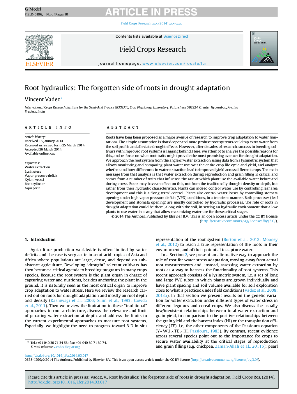 Root hydraulics: The forgotten side of roots in drought adaptation