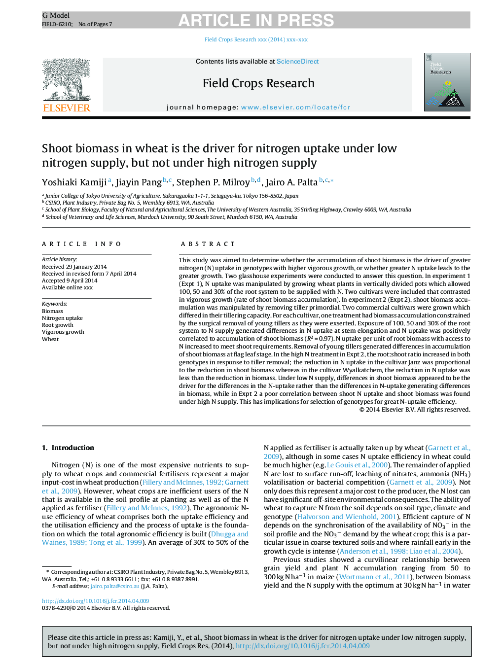 Shoot biomass in wheat is the driver for nitrogen uptake under low nitrogen supply, but not under high nitrogen supply