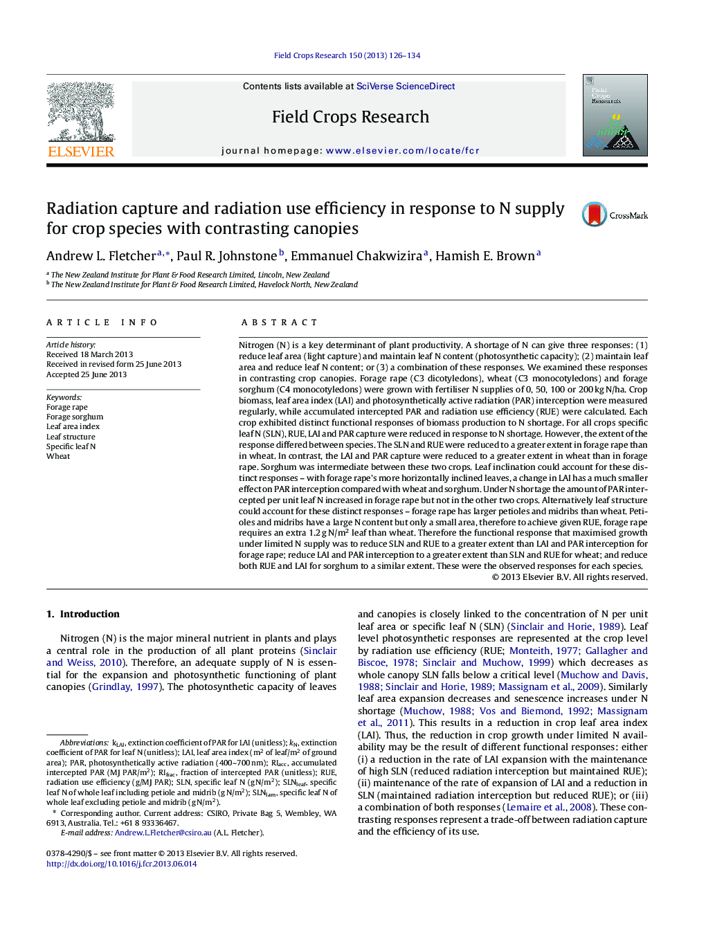 Radiation capture and radiation use efficiency in response to N supply for crop species with contrasting canopies