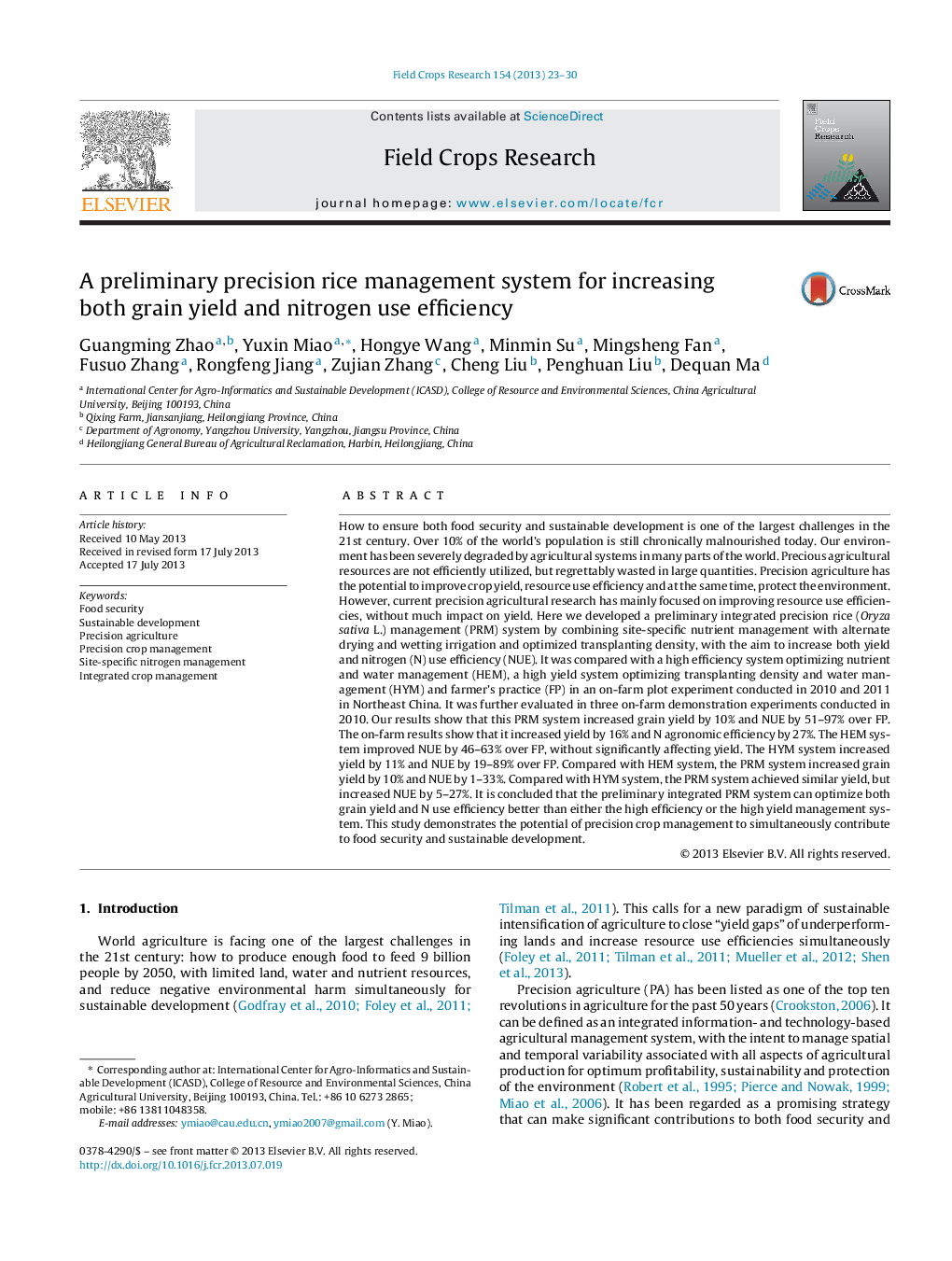 A preliminary precision rice management system for increasing both grain yield and nitrogen use efficiency