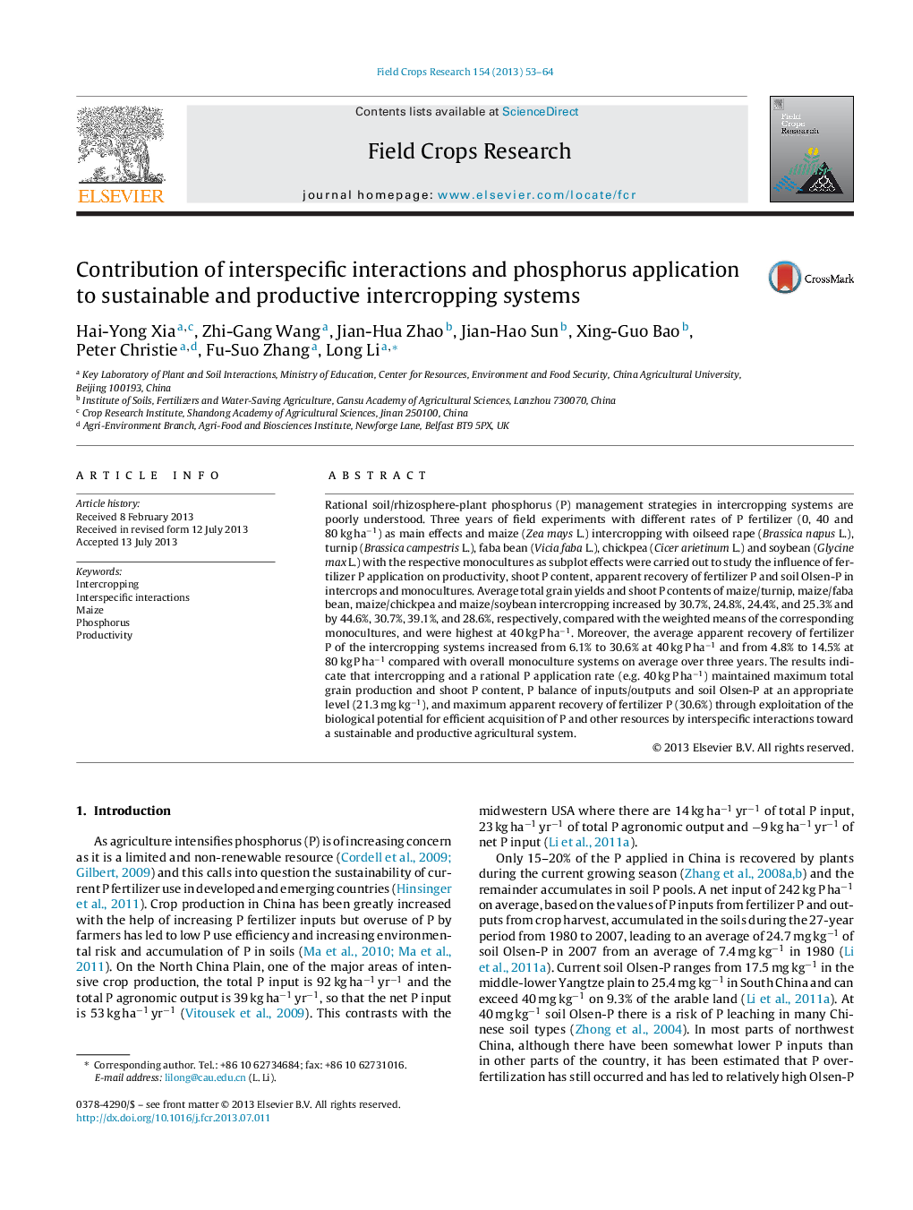 Contribution of interspecific interactions and phosphorus application to sustainable and productive intercropping systems